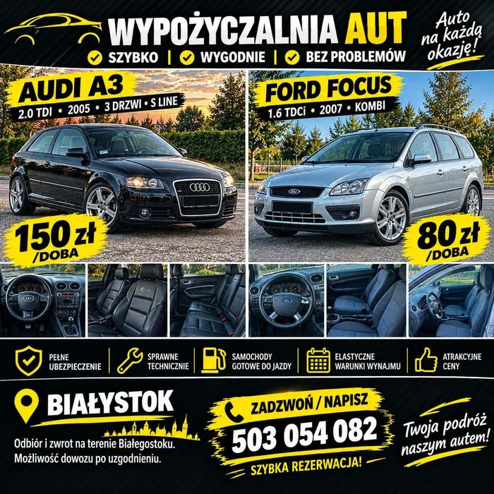 Wynajem samochodów Białystok – Audi A3, Ford Focus | od 80 zł/doba