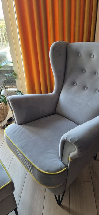Fotel uszak szary stylowy+ podnóżek