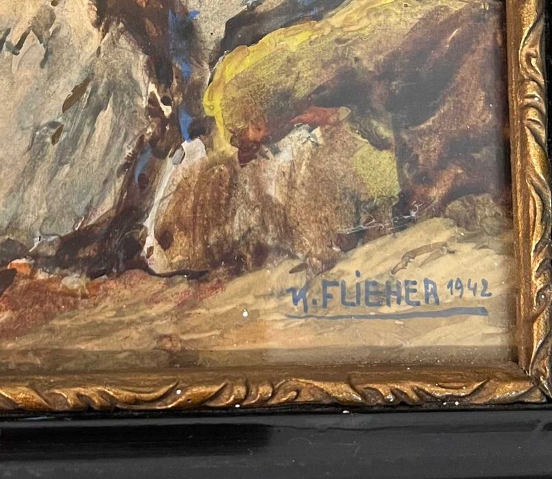 Piękny pejzaż - Alpy 32x26x5cm Karl Flieher 1942r.
