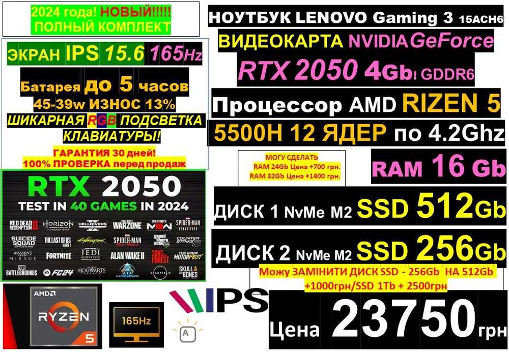 є90 Ноутбуків‼️LENOVO Gaming‼️165Hz RTX2050‼️Ryzen 5‼️SSD 768/RAM16-32