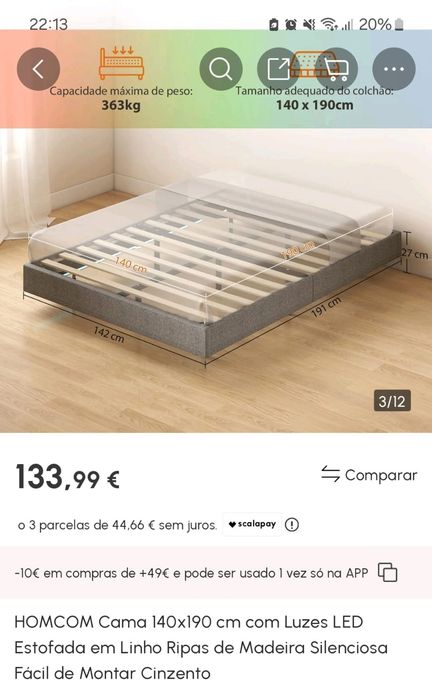 Cama nova homcom 140x190 com luzes led