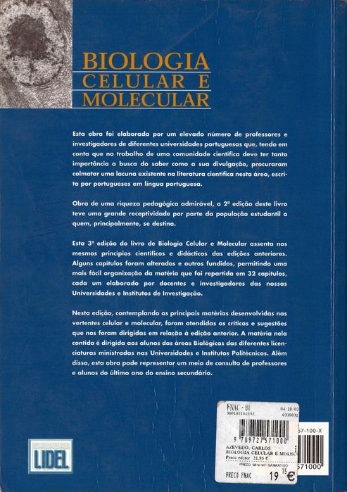 Livro "Biologia Celula e Molecular" de Carlos Azevedo 3ª edição