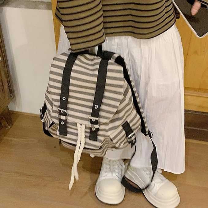 Рюкзак в полоску черно белый серый Retro Y2k Casual Striped College Backpack Korean Style