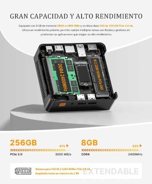 Mini PC AMD Ryzen 5 3500U | 8GB RAM | 256GB SSD NVMe | 4K 60Hz | Novo