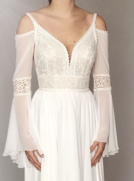 Nowa suknia ślubna Boho zwiewna muślinowy dół odpinane rękawy