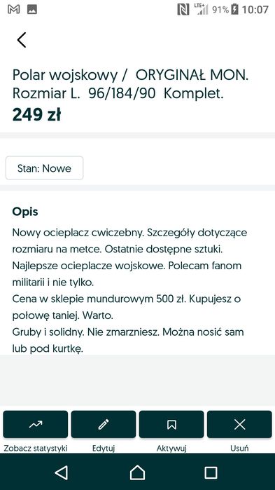 Polar wojskowy. KOMPLET. Oryginał MON. Rozmiar L