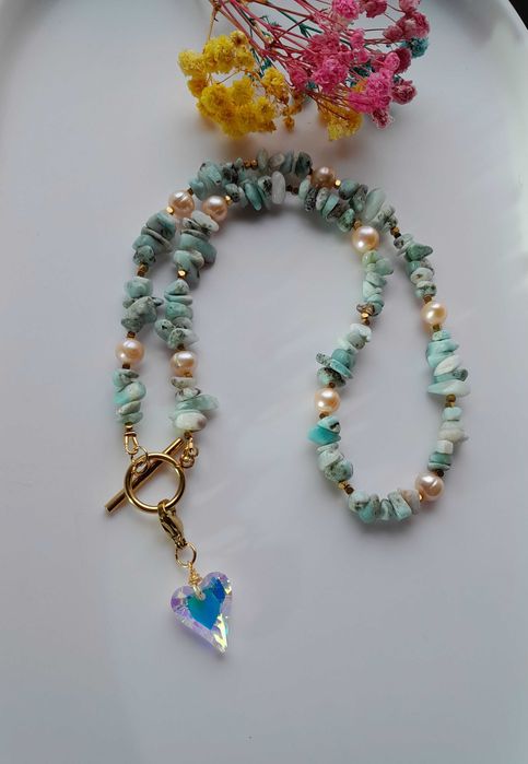 Naszyjnik z kamienia naturalnego Larimar, perły.