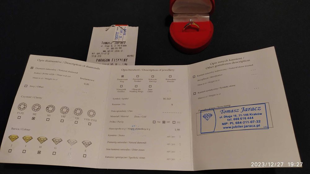 Pierścionek r9 Au 585 1.98g brylant 0.2ct SI2H