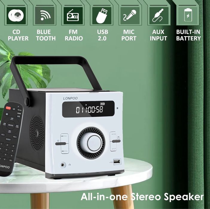 Lonpoo Przenośny odtwarzacz 20 W Stereo Boombox z akumulatorem
