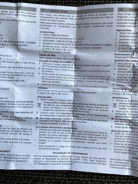 Comando emissor para controlar portões ERREKA KUMA KU02 (Novo)