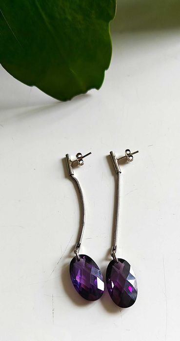 Srebrne długie kolczyki fioletowy kryształ sztyft