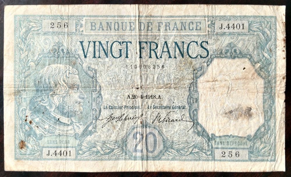 Nota 20 Francos 1918 França Excelente Estado Rara