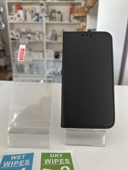 Szkło hartowane i etui zamykane czarne do IPHONE X/XS