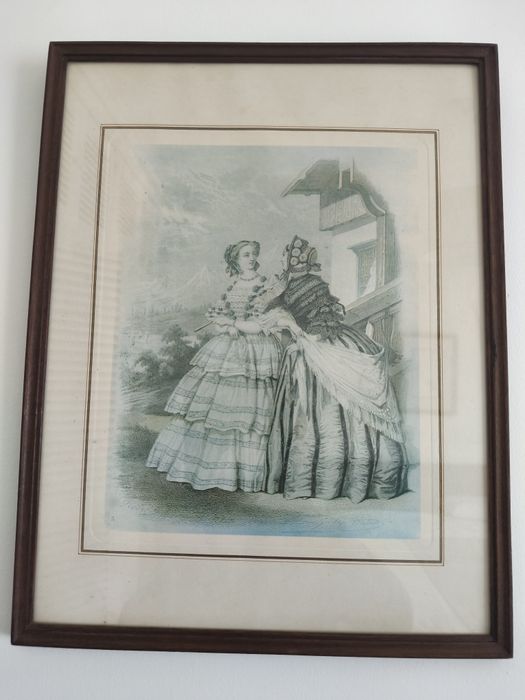 Quadro gravura muito antigo damas  vitorianas