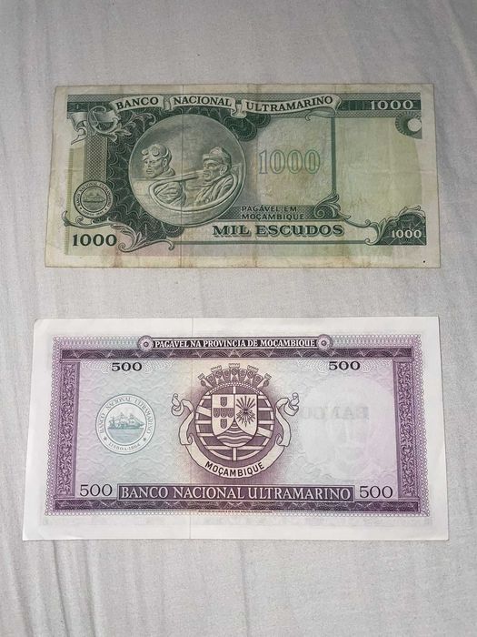2 notas de Moçambique  de 1000 escudos e 500
