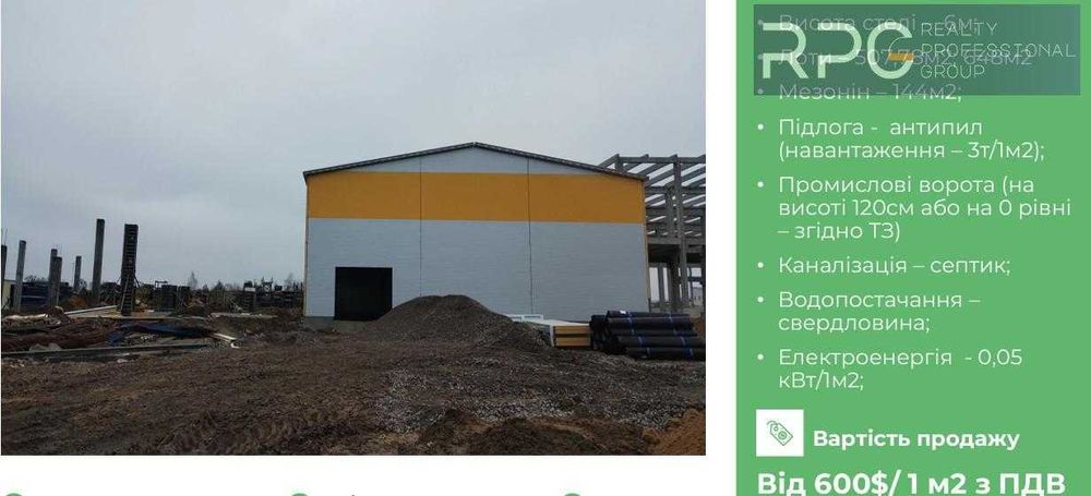 БЕЗ% продаж СКЛАДУ 600 $ м² 1155 м² Святопетрівське СУПЕР ЦІНА