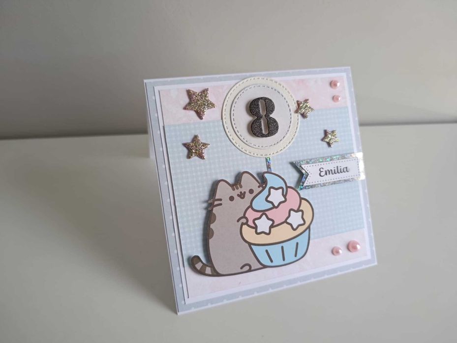 Kartka ręcznie robiona na urodziny kotek Pusheen 2