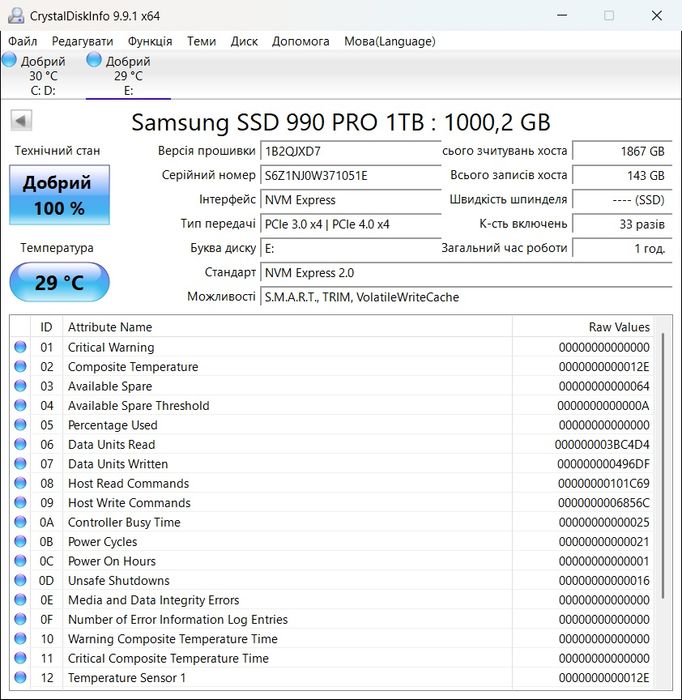 SSD накопичувач Samsung 990 PRO 1ТБ PCIe 4.0 NVMe M.2