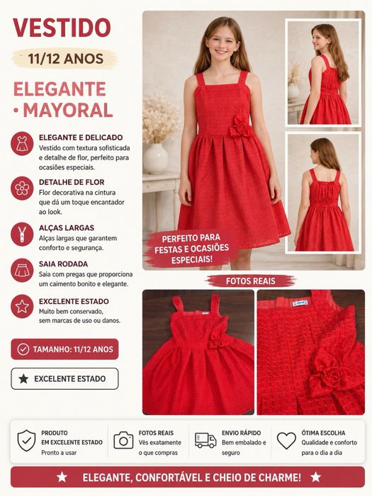 Vestido Mayoral 12 Anos Vermelho Elegante – Vestido Cerimónia Menina