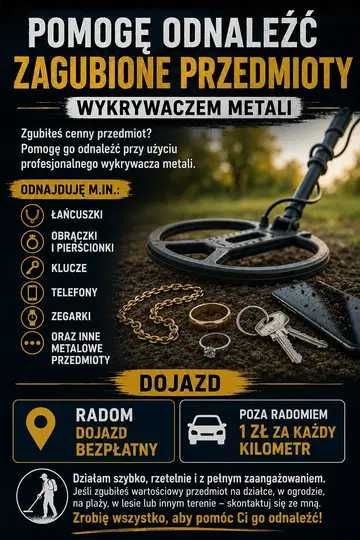 Pomogę odnaleźć zagubione rzeczy wykrywaczem metali pierścionki łańcuszki klucze telefon
