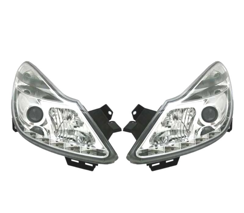 FARÓIS FRONTAIS PARA OPEL CORSA D LUZ DIURNA LED 06-10. FUNDO CROMADO