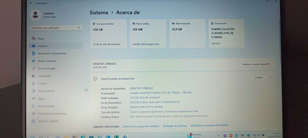 Dell Latitude 5400/Ecrã 14’/i5/16GB RAM/SSD NVME/Thunderbolt