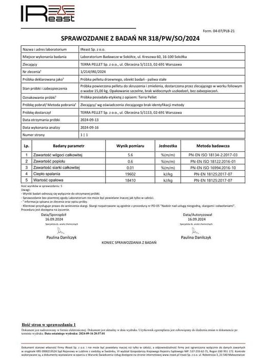 Pellet TERRA | Spalanie 18 MJ | Certyfikat, producent