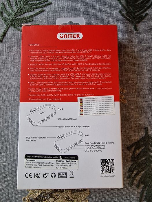 Hub USB  Unitek D1071A N9+ USB-C HDMI, PD100W czytnik kart