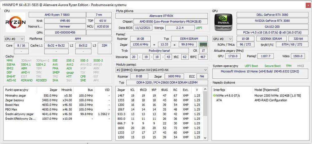 Dell Alienware Aurora R10 / RYZEN 7 5800/ RTX3080/ 1TB/ 16GB
