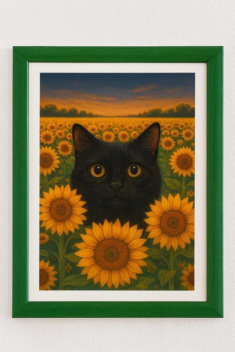 Poster Gato preto no campo de girassóis