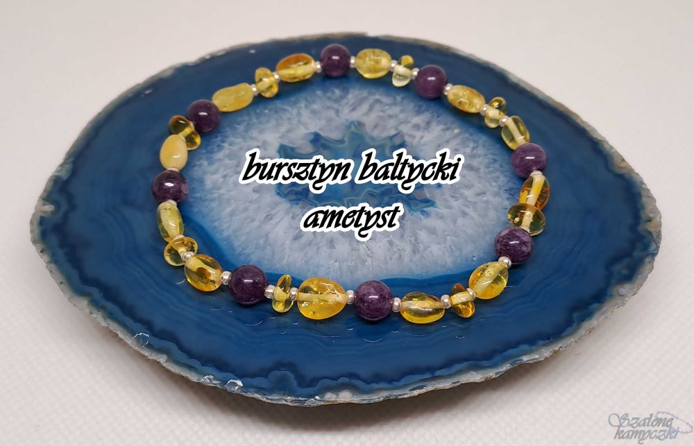 Bransoletka bursztyn bałtycki, ametyst #119