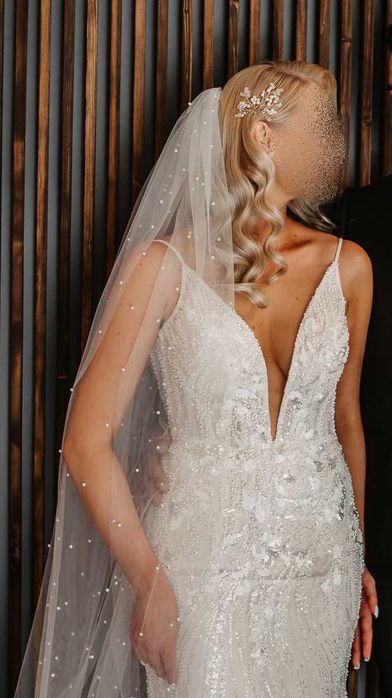 Luksusowa suknia ślubna rybka/syrenka, koronka z perełkami