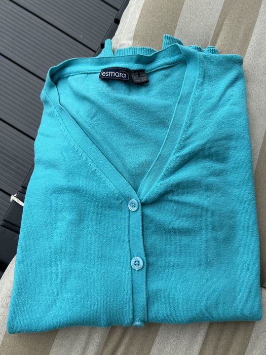 Sweter na guziki kardigan turkusowy dekolt serek