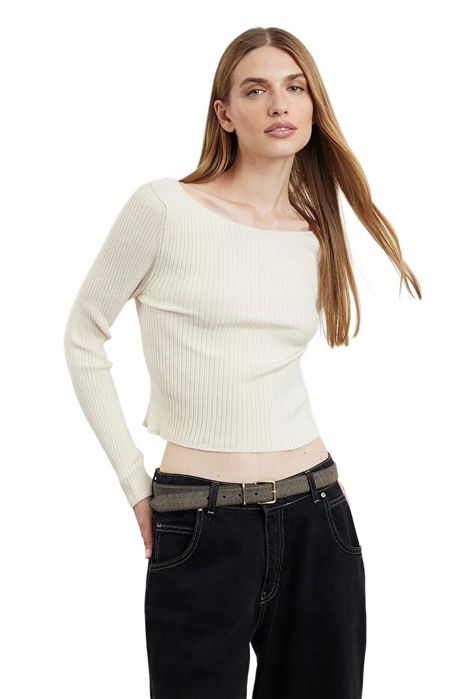 Trendyol krótki sweter damski beżowy prążkowany z długim rękawem s 5ea