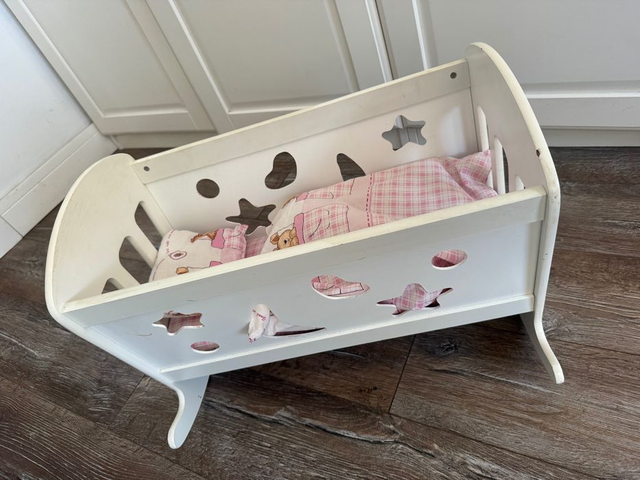 Łóżeczko dla lalek drewniane białe + kołderka + poduszka