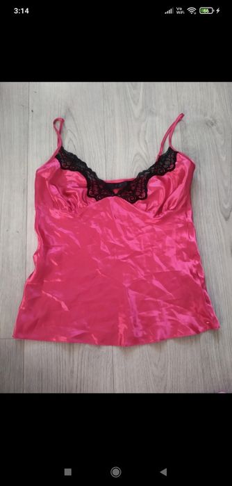 różowy satynowy top z koronką na cienkich ramiączkach XS koszulka