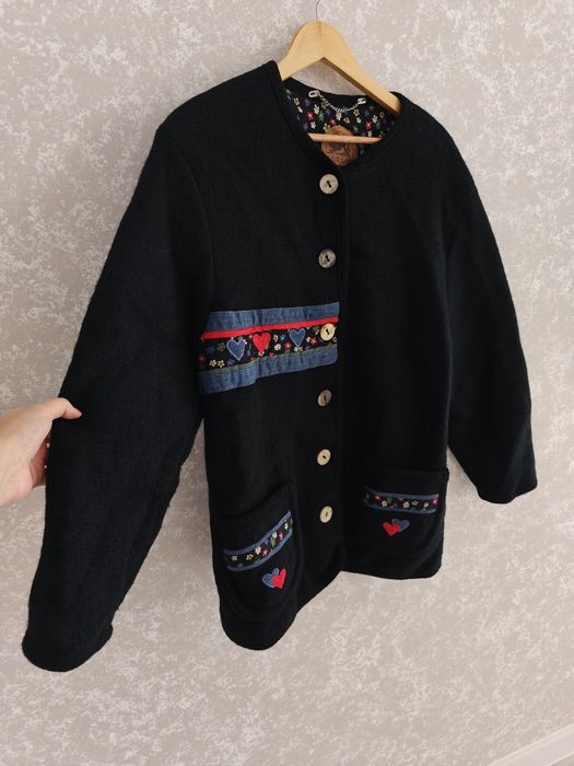 Kardigan sweter wełniany wełna 100% vintage coquette kwiaty czarny L