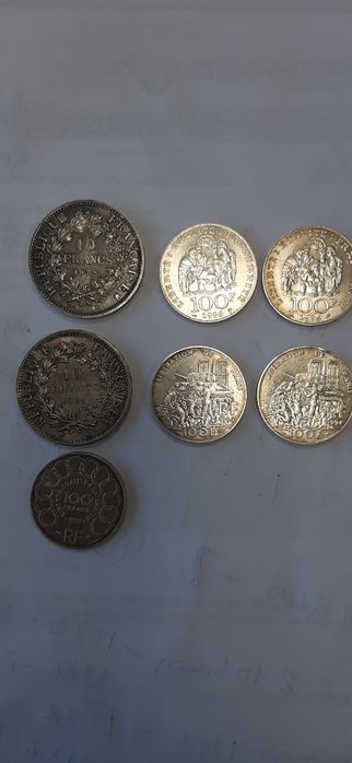 7 moedas 10 e 100 francos franceses em prata 1965 a 1996