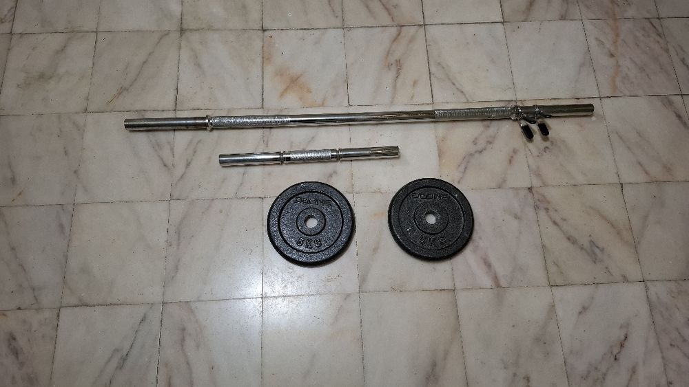 Barra 120cm 30mm 2 discos 5kg e barra harter 45cm 30mm