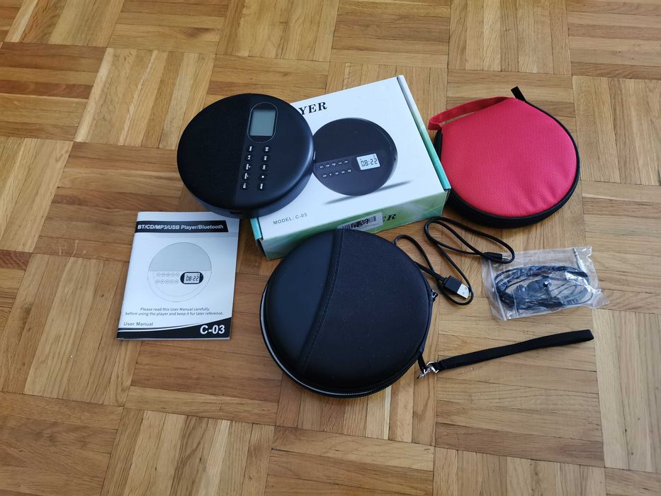 Discman CD-MP3 z funkcją podwójnych głośników i akcesoria