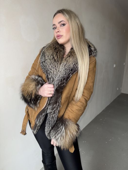 Kożuch naturalny skóra owcza 3D Z lisa rudego  s/m futro ocieplany