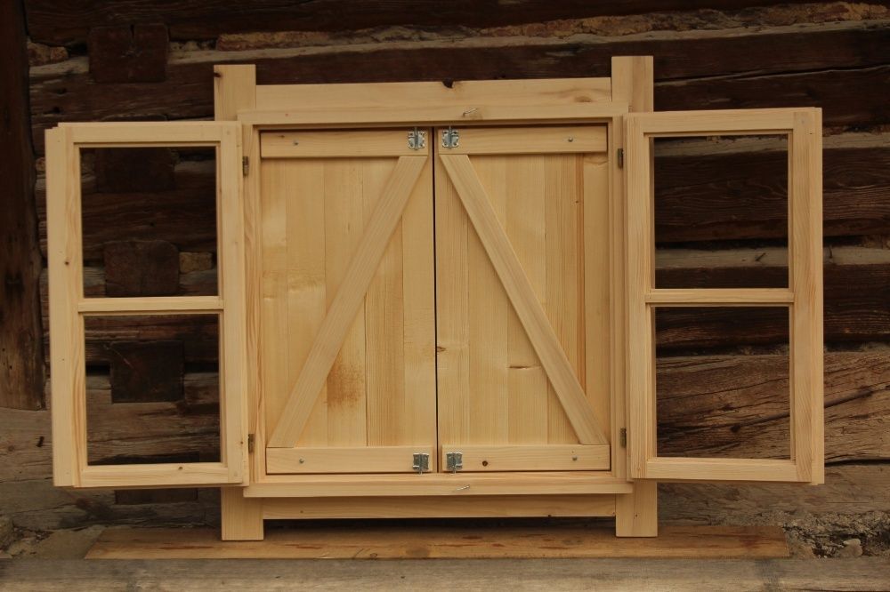 Okno drewniane skrzynkowe z okiennica domek altana wiata 90x90cm
