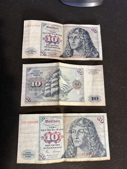 Lote de 3 Notas Antigas de 10 Marcos Alemães (10 Deutsche Mark) – Colecionismo