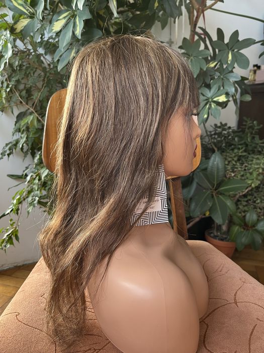 Peruka włosy naturalne z grzywka długa brązowa