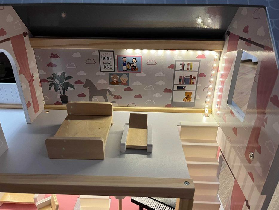 NOWY DUŻY Domek dla lalek drewniany + mebelki 78cm oświetlenie LED