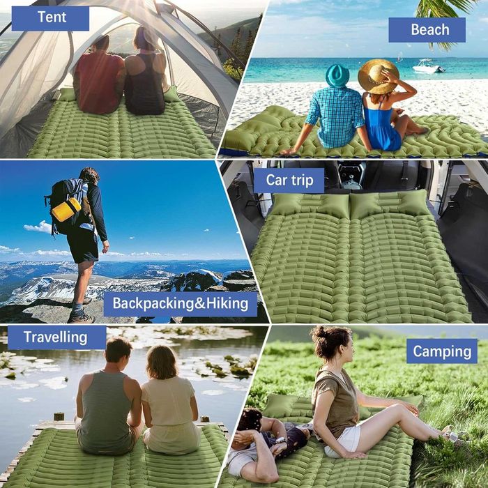 Colchão inflável duplo para camping - Colchão de ar ultraleve com travesseiros, bomba de pé embutida, colchão inflável compacto e portátil para 2 p