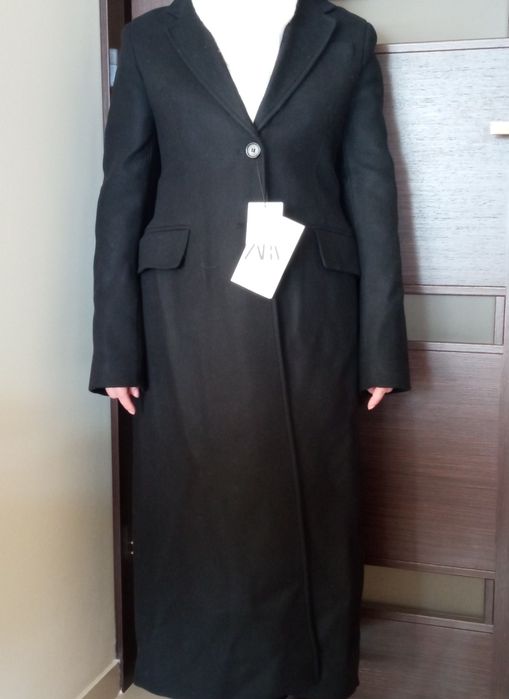 ZARA Premium Manteco M jak S nowy czarny płaszcz wełniany taliowany