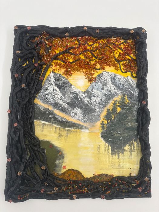 Unikatowy obraz 3D Gory w jesiennej ramie Handmade 40x52 cm