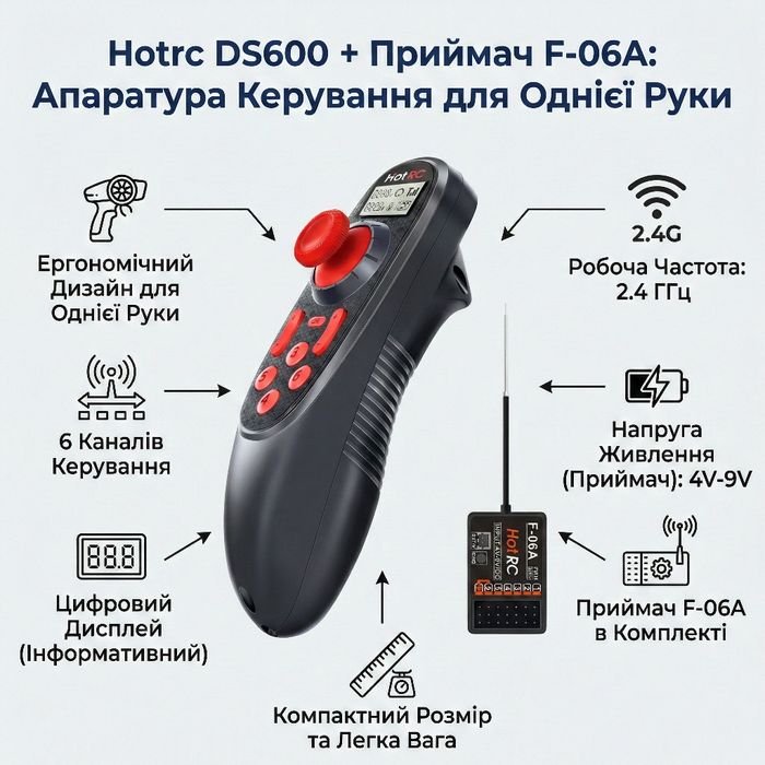 Апаратура керування HotRC DS600 для однієї руки приймач F-06A RC пульт