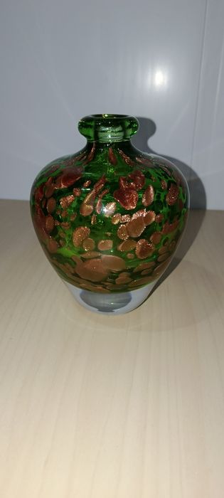 Vaso de Vidro Artístico Italiano Crisalcor – Verde com Detalhes Metáli